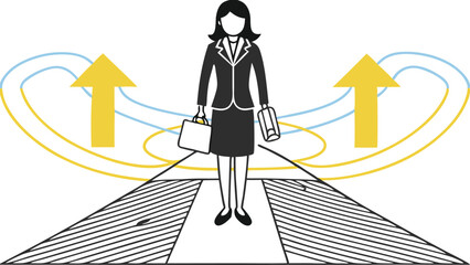  business directions challenge, confusion or decide options concept, businesswoman thinking and make business decisions