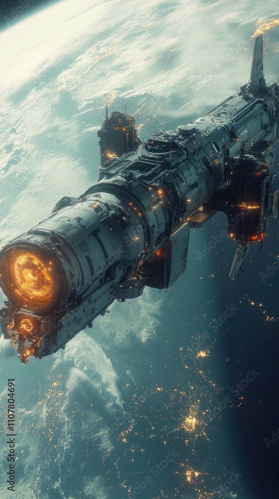 Poster a futuristic spaceship with glowing engines flies above a planet with a cloudy atmosphere.