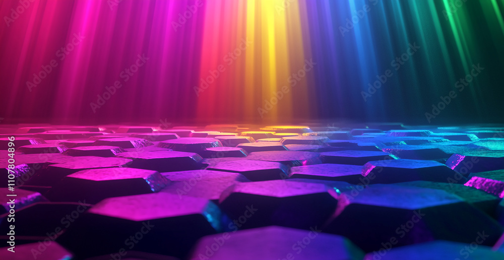 Aufkleber Colorful hexagonal patterns with vibrant lighting in a dark setting create a mesmerizing visual experience