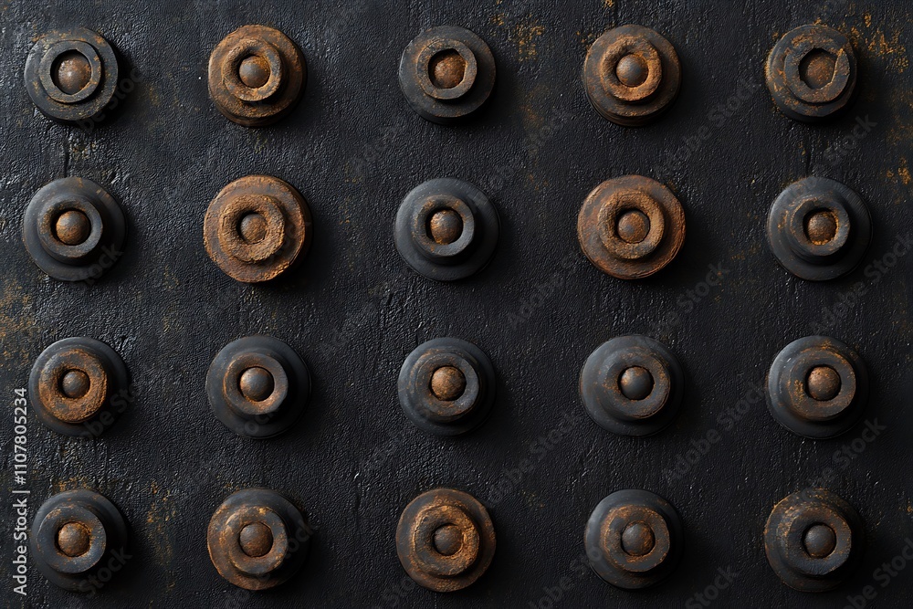 Poster rusted metal discs arranged in a grid pattern on a dark background.