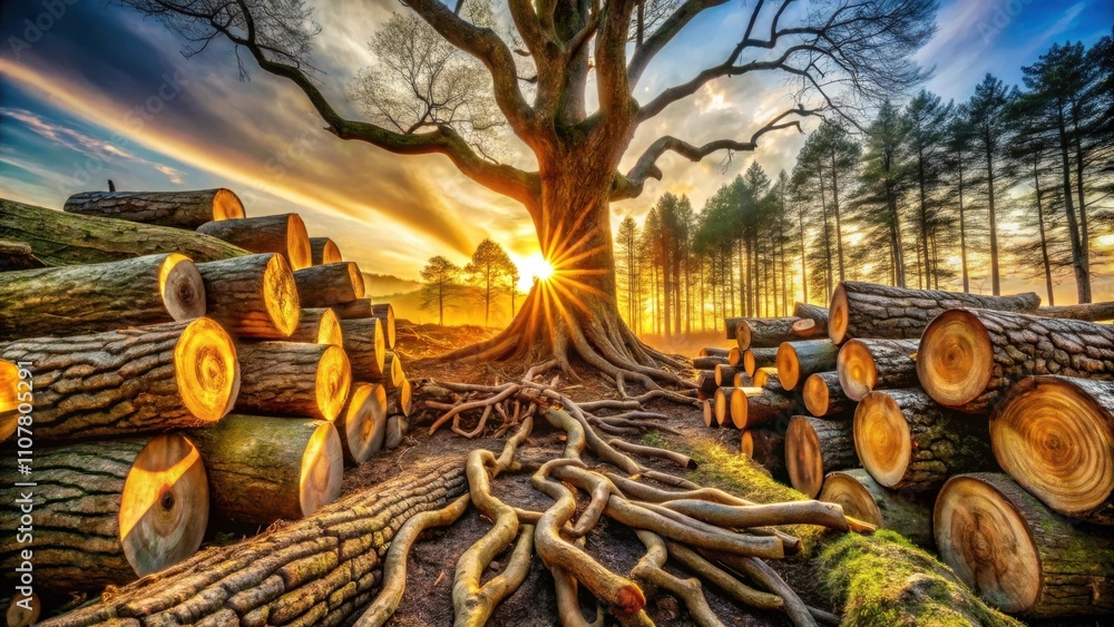 Poster Ancient tree with exposed roots and stacked logs bathed in the warm glow of the setting sun