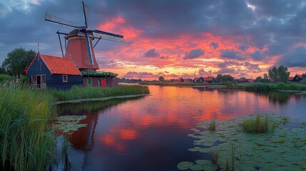 A picturesque windmill by a serene waterway at sunset, surrounded by lush greenery.