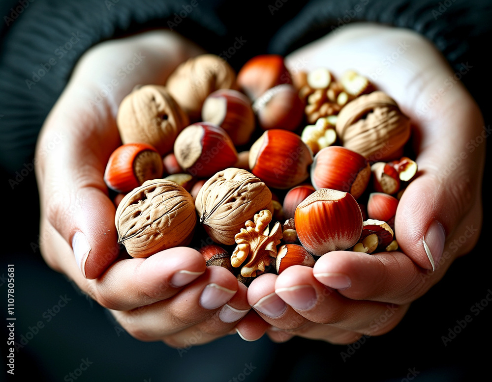 Poster hands cradle a bounty of assorted nuts in rustic gathering under soft light