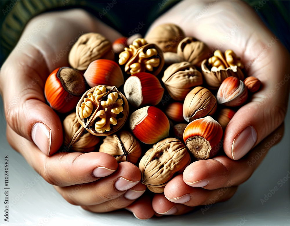 Poster hands hold a collection of assorted nuts in warm, inviting tones and textures