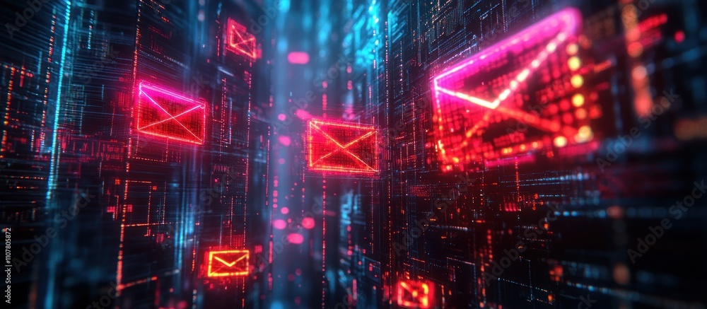 Poster glowing red email symbols float through a digital space.