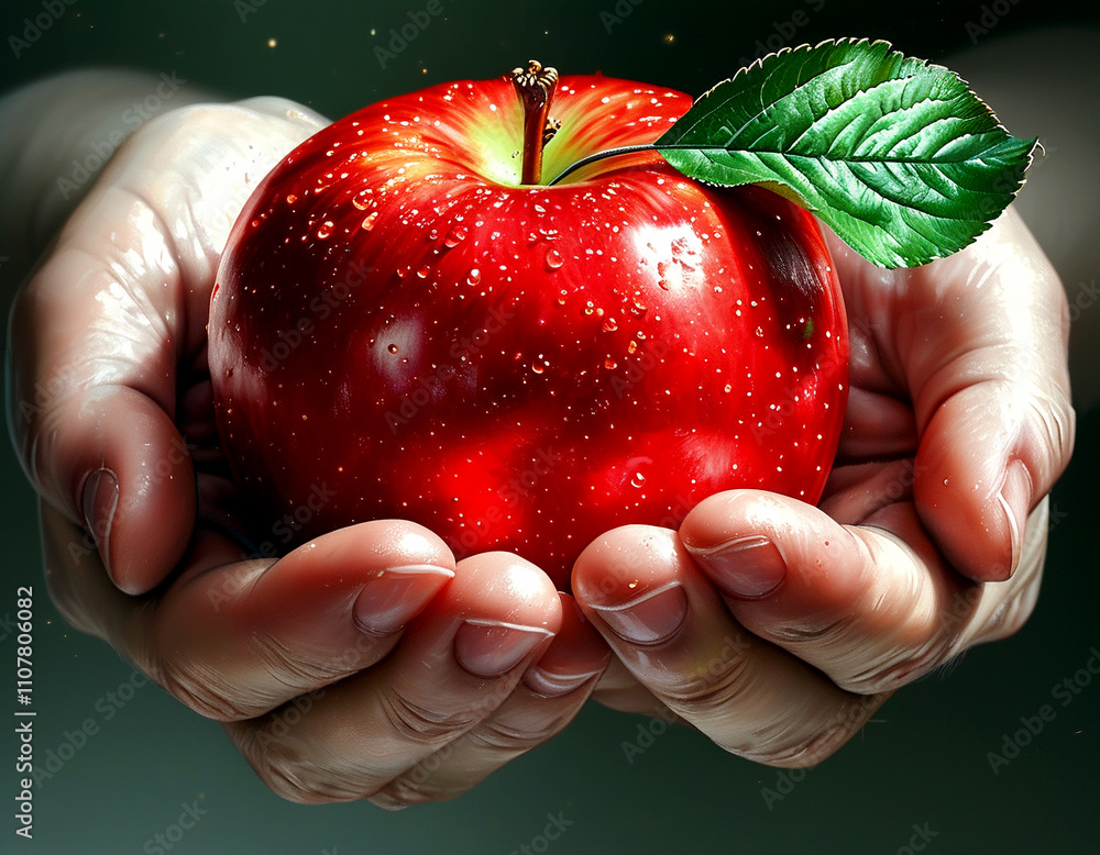 Poster hands cradling a shiny red apple gleaming with droplets in soft light
