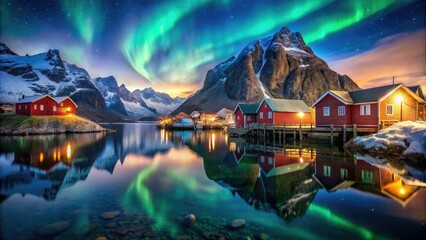 Fototapeta premium Fishing village beneath the Aurora Borealis in Lofoten, Norway, showcases night sky reflections, vibrant colors dancing over serene waters, highlighting breathtaking coastal landscapes and natural won