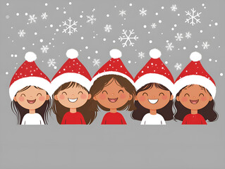 Illustration of five happy little girls wearing Christmas hats, on a gray background.