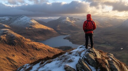 Obraz premium A person in a red jacket stands on a rocky outcrop overlooking a scenic mountain landscape.