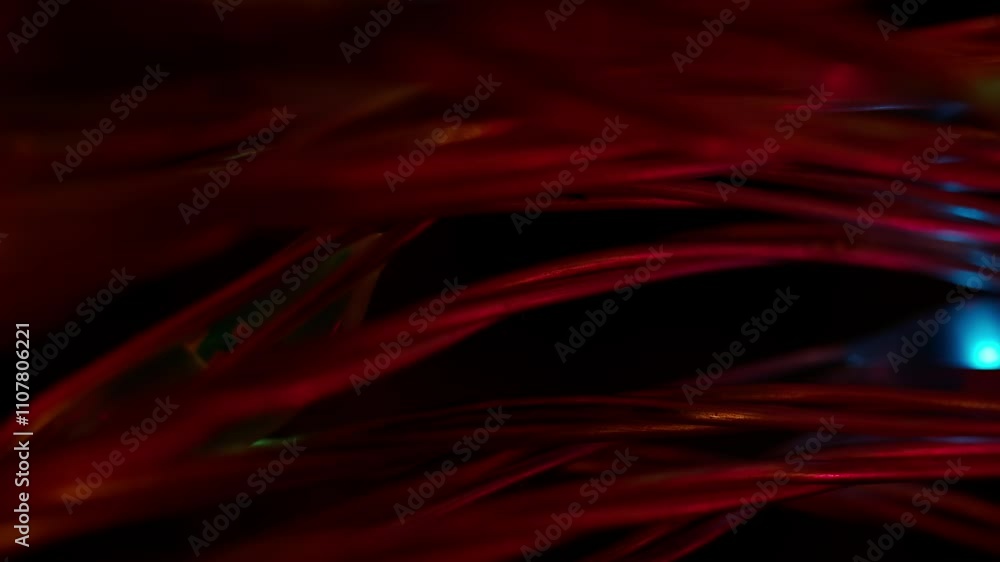 Poster blurred colorful lens flare motion studio lightning, garland wire with bokeh effect on dark backgrou