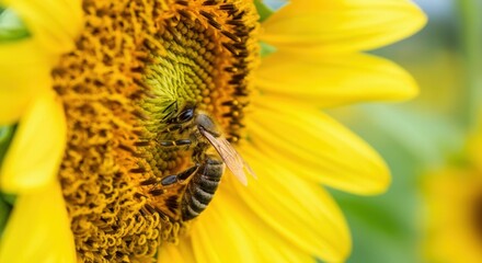 Close-up of honeybee pollinating bright yellow sunflower