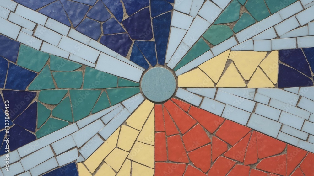 Poster colorful mosaic tile pattern. vibrant circular mosaic artwork. suggests unity and diversity through 