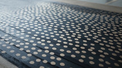 Naklejka premium Navy polka dot texture. Elegant navy blue background with subtle off-white polka dots creating a calming, rhythmic pattern. Subtle elegance.
