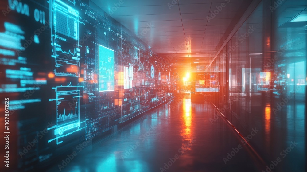 Poster futuristic hallway with holographic data visualizations and glowing interfaces.