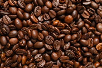 Coffee beans background, close up 