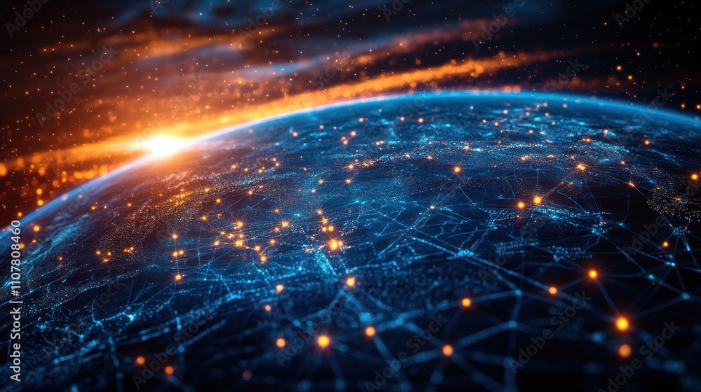 Poster a close-up of a digital rendering of the earth with a network of lines connecting cities and countri