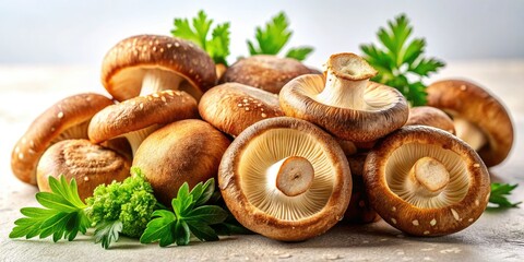 Fresh organic shiitake mushrooms displayed on a white background, ideal for culinary applications, health benefits, and highlighting their role in Asian cuisine through high-definition photography.
