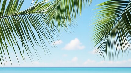 Fototapeta premium Palm leaves frame tranquil blue ocean and sky