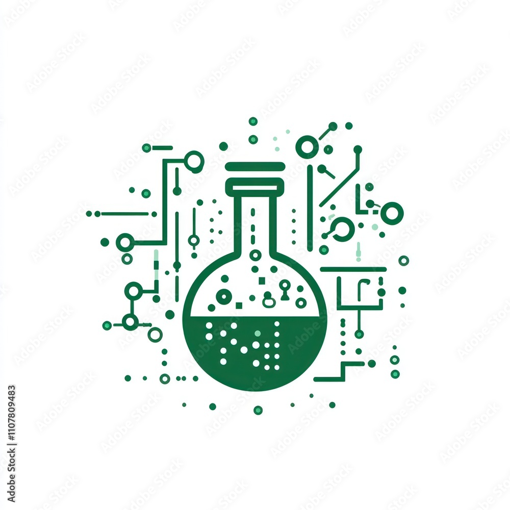 Poster here's a possible and keyword list for your image.. green science flask with circuit design.