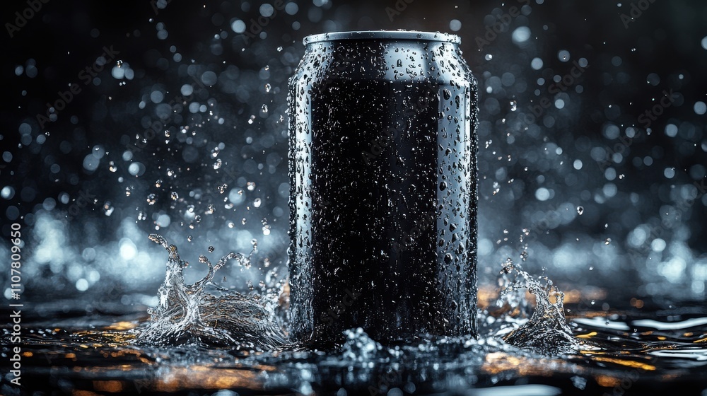 Poster aluminum blank black 330 ml soda can mockup with splashes dark background mock up of an empty aerate
