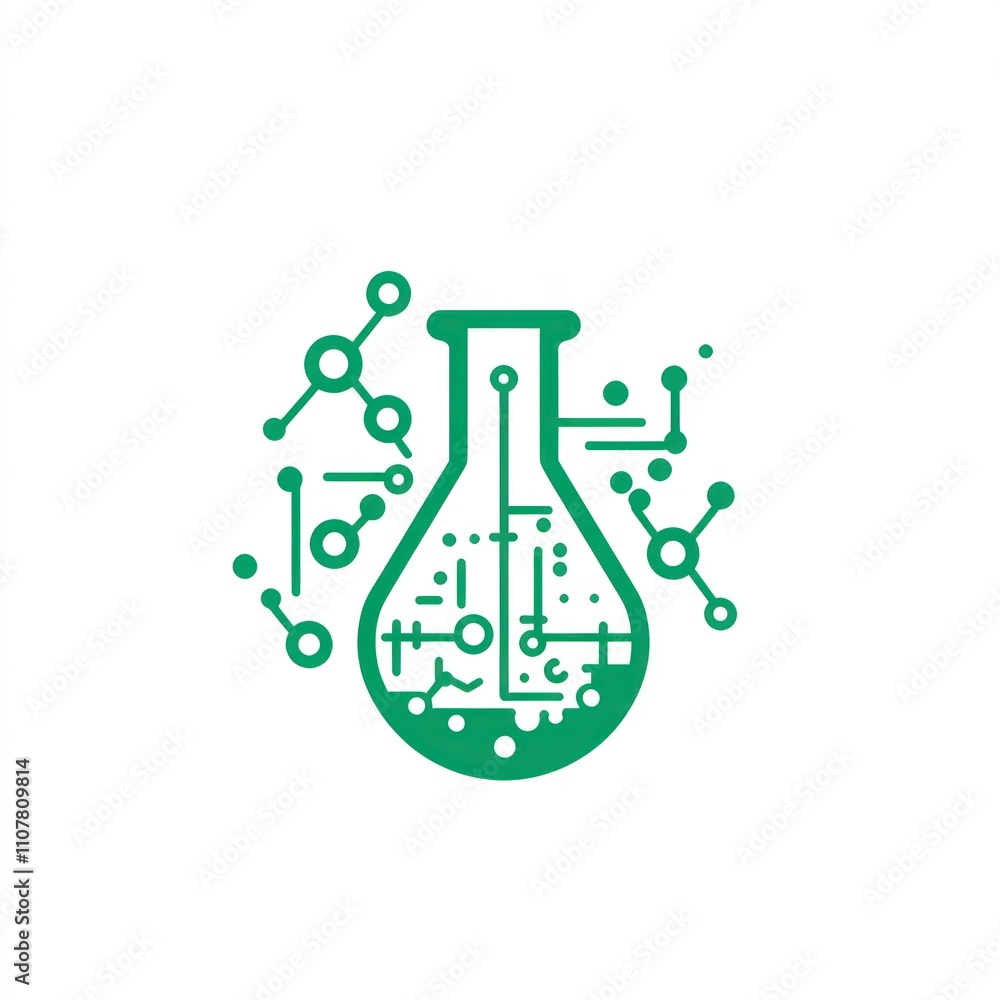 Poster here's a description and keywords for the image.. green beaker with connected molecules, representin