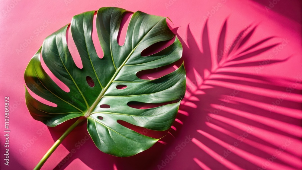 Poster a single green monstera leaf with a long stem casting a delicate shadow on a vibrant pink surface.