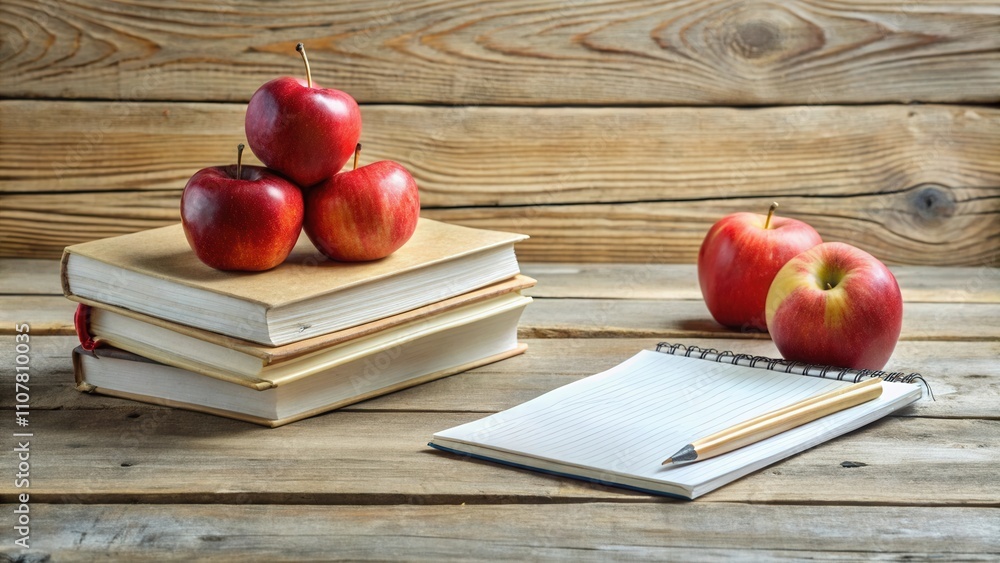 Aufkleber A Stack of Books with Red Apples and a Notebook with a Pencil Resting on a Rustic Wooden Table