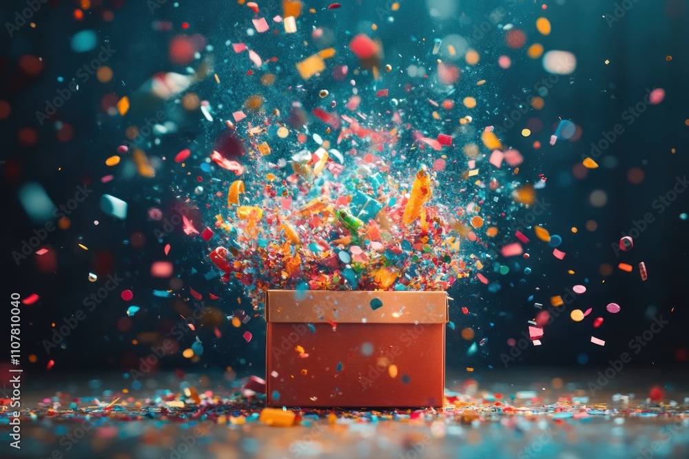 Poster exploding gift box with colorful confetti and sprinkles.