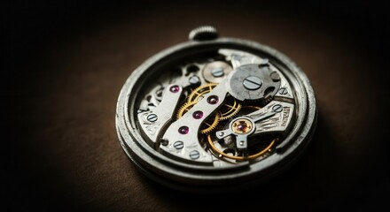 Vintage pocket watch movement close-up on dark background