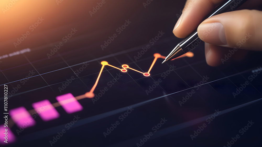 Poster close-up of a hand using a stylus to analyze a financial graph showing upward trend. illustrates bus