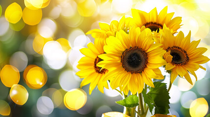 Obraz premium A vibrant birthday card adorned with a bouquet of cheerful sunflowers, their golden petals bursting with warmth and joy, accompanied by heartfelt wishes for a bright and beautiful celebration. 