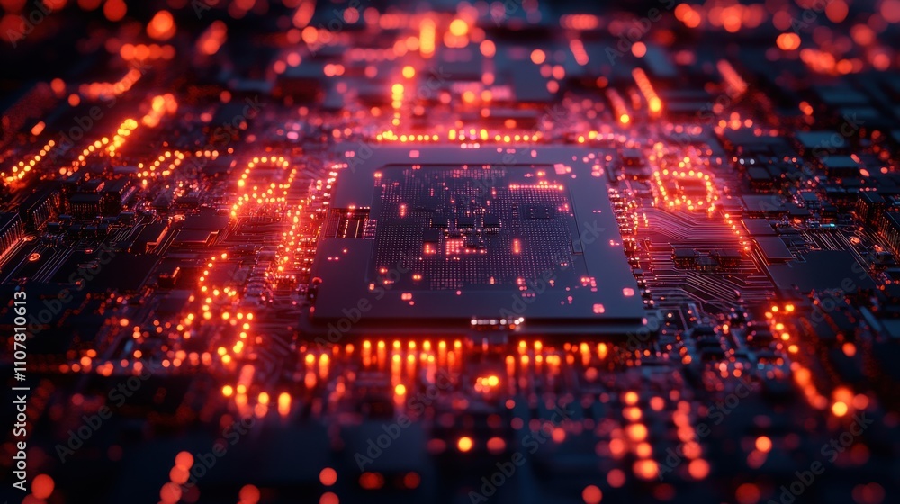 Poster an animated cyberpunk ai in 3d circuit board technology background concept of cpu and gpu in process