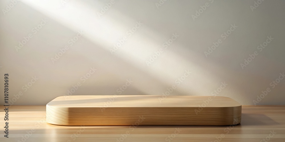 Aufkleber a minimalist wooden platform set against a backdrop of soft natural light, a simple scene for showca