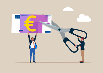 Business people cutting scissors to cut euro banknotes. Divide money, share profits. Flat vector illustration.