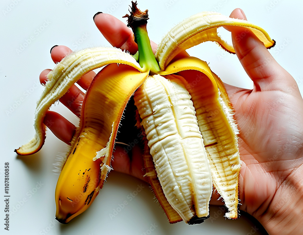 Poster unique banana with multiple peels caught in a hand on a bright smooth surface