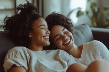Obraz premium Two smiling friends enjoying a cozy moment together on a couch.