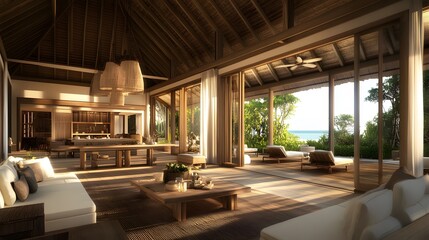 Fototapeta premium A serene living room with high ceilings, neutral decor, and large sliding glass doors framing a garden view.