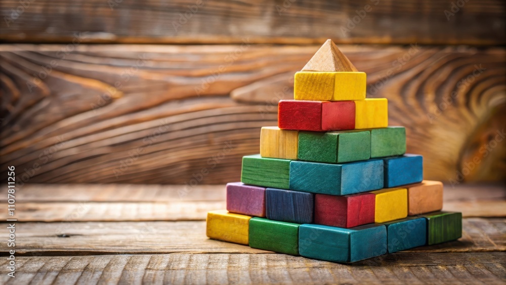 Aufkleber A Colorful Wooden Pyramid Structure Constructed with Blocks on a Rustic Wooden Surface