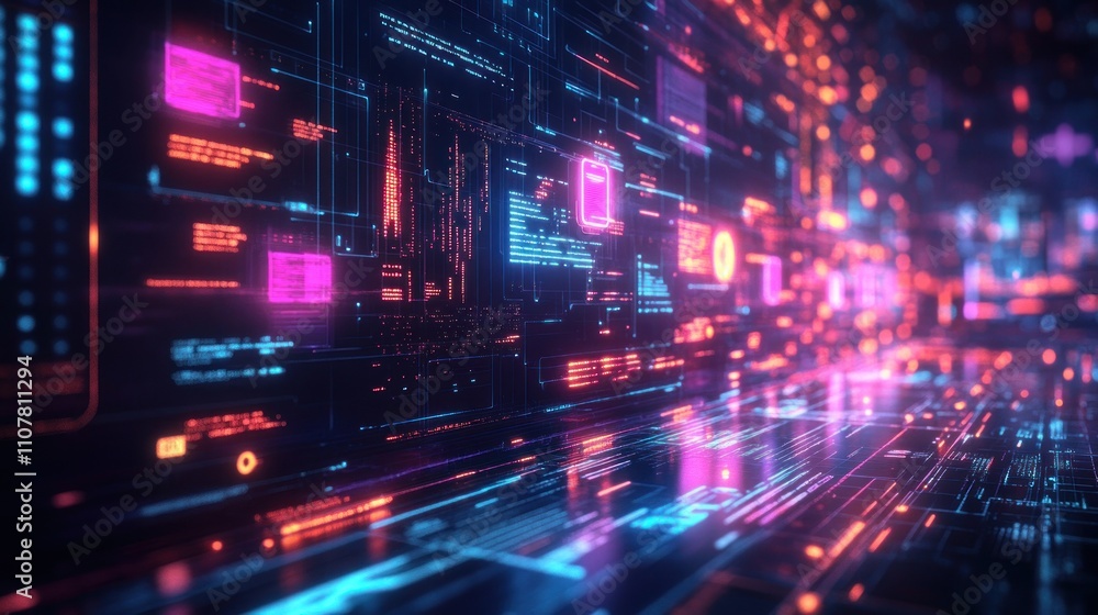 Poster abstract digital data flow with glowing lines and vibrant colors, representing futuristic technology