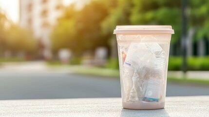 plastic waste microplastics reduction concept, A clear plastic cup filled with waste sits on a sidewalk, highlighting environmental concerns in urban settings.