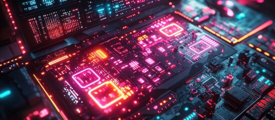 Fototapeta premium Futuristic neon-lit circuit board close-up.
