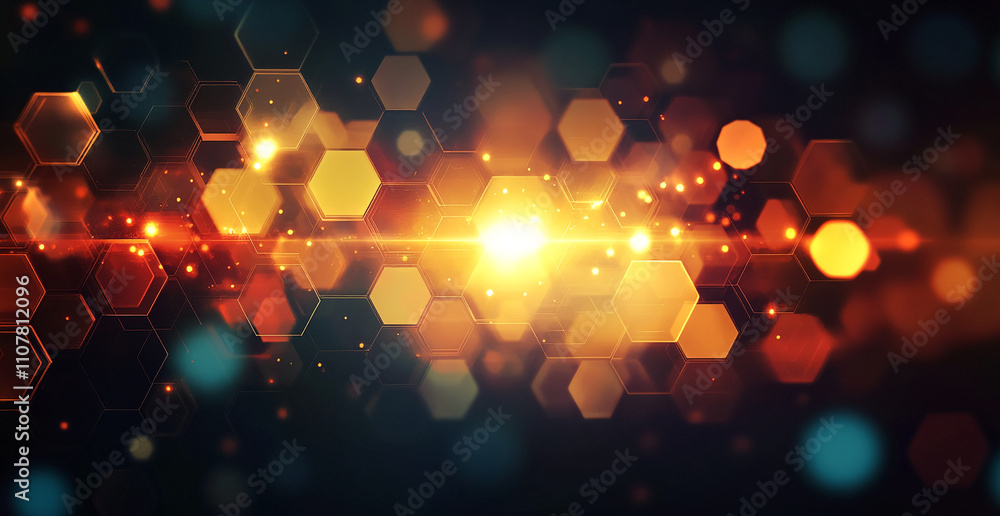 Aufkleber Bright hexagonal patterns create an illuminating backdrop with golden and orange hues during a digital art event