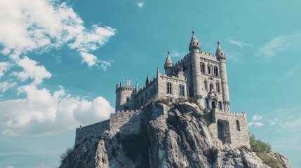 Majestic Hilltop Castle, an enchanting fortress rising above green landscapes, framed by a vibrant blue sky, embodying timeless elegance and fairy-tale charm.