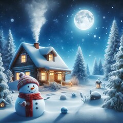 Obraz premium Winter Evening in a Cozy Village with Snowman and Full Moon