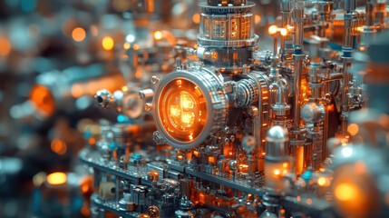 Intricate machinery with glowing elements, showcasing advanced technology and design. vibrant colors and detailed components create captivating visual experience