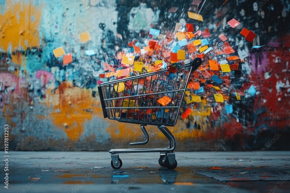 Aufkleber exploding shopping cart overflowing with colorful squares against a graffiti wall.