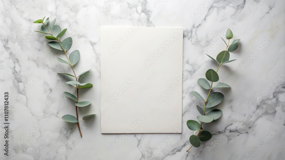 Poster A blank white card sits on a white marble background with two sprigs of eucalyptus on either side.