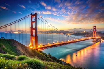 Obraz premium Golden Gate Bridge framed by a vibrant blue sky and a soft bokeh effect, perfect for scenic photography, landscape art, travel inspiration, and nature enthusiasts.