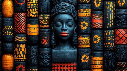 A striking illustration of a black woman?s face carved in a wall, surrounded by colorful patterns inspired by African art.