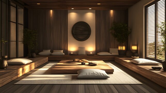 A serene meditation room with natural wood elements, neutral cushions, and a central focal point of a low table.
